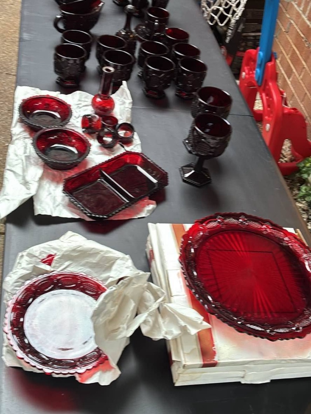 Avon Deep Ruby Red Glass Dinnerware and Serveware Set
